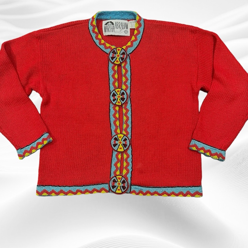 Martha Abraham Vintage Beaded Knit Cardigan Small Southwestern Red Turquoise